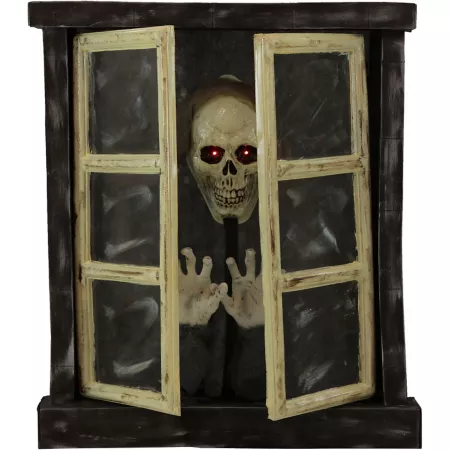 Haunted Hill Farm 2.8 Feet Window with Animatronic Halloween Skeleton Halloween Decoration Flashing Red Eyes Battery Operated Decorative Outdoor Lighting