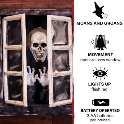 Image showing  2.8 ft. Skeleton in Window with Flashing Red Eyes Halloween Animatronic