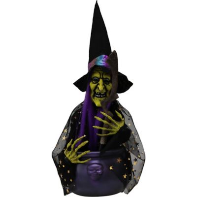 Haunted Hill Farm 1.4 ft. Witch with Cat Halloween Animatronic, Indoor/Outdoor Halloween Decoration, Red/Green LED