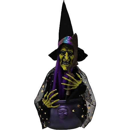 Haunted Hill Farm 1.4 ft. Animated Witch with Cat, Indoor/Outdoor Halloween Decoration, Red/Green LED