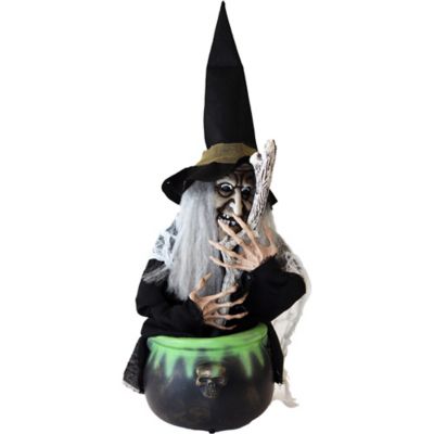 Haunted Hill Farm 19 in. Battery-Operated Indoor/Outdoor Animated Evanora Witch & Cauldron Halloween Decoration, Red/Green Eyes