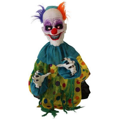 Haunted Hill Farm 2 ft. Animated Clown, Indoor/Outdoor Halloween Decoration, LED Eyes, Poseable, Blade