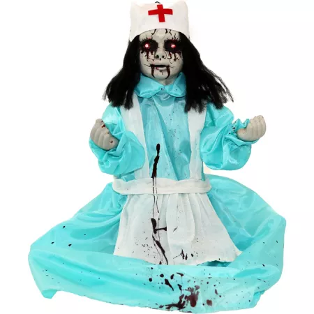 Haunted Hill Farm 1.8 ft Animatronic Nurse Indoor/Outdoor Halloween Decoration Red LED Eyes Poseable Battery Operated Carrie Halloween Animatronics