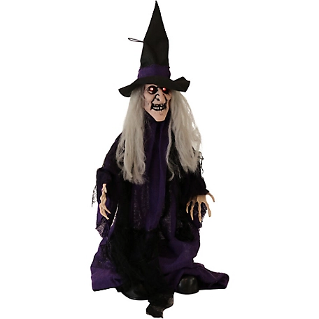 Haunted Hill Farm 2.25 ft. Hazel Animatronic Witch, Indoor/Outdoor Halloween Decoration, Red LED Eyes, Poseable