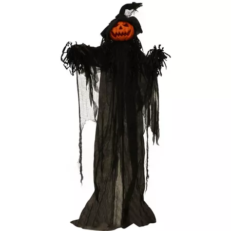 Haunted Hill Farm 72 in Life-Size Posable Pumpkin Witch with Halloween Animatronic Lights and Sounds Indoor/Covered Outdoor Halloween Animatronics