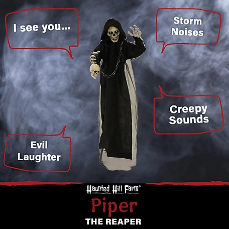 Haunted Hill Farm 5.2 ft. Standing Reaper, Indoor/Outdoor Halloween Decoration, LED Green Eyes, Poseable, Piper