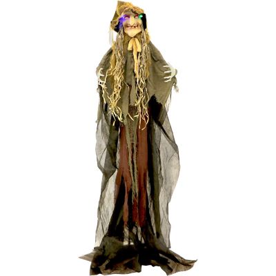 Haunted Hill Farm 6 ft. Helena the Poseable Scarecrow Witch with Multicolor LEDs Halloween Animatronic
