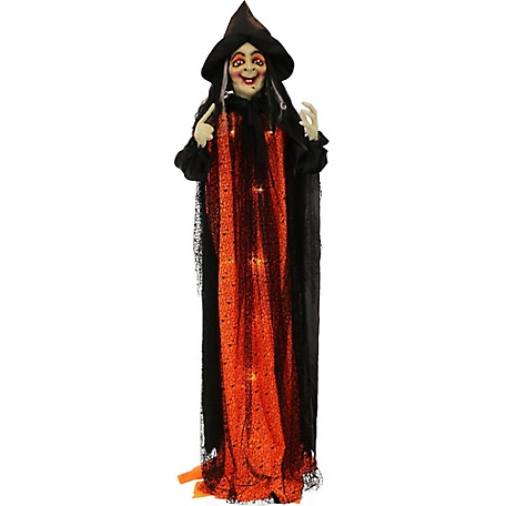 Haunted Hill Farm 5.42 ft. Standing Witch, Indoor/Outdoor Halloween Decoration, LED Red Eyes, Poseable, Scarlet