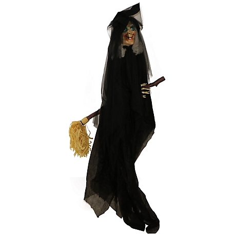 Haunted Hill Farm 6.5 ft. Misty Witch on Broom, Indoor/Outdoor Halloween Decoration, LED Red Eyes