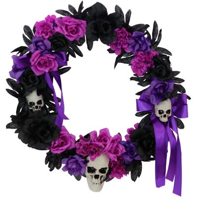 Haunted Hill Farm 22 in. Gothic Skull Wreath with Black, Pink, and Purple Flowers, Halloween Decoration
