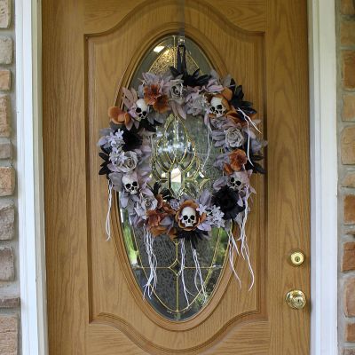 Image showing 7 th Haunted Hill Farm 1.83 ft. Halloween Autumn Wreath with Skulls Indoor/Outdoor Halloween Decoration