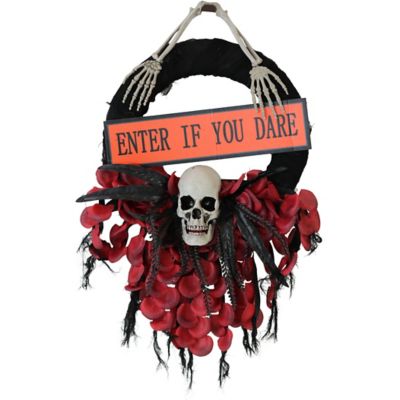 Haunted Hill Farm 2.25 ft. Wreath, Includes Skull and 'Enter If You Dare' Sign, Battery Operated, Halloween Decoration