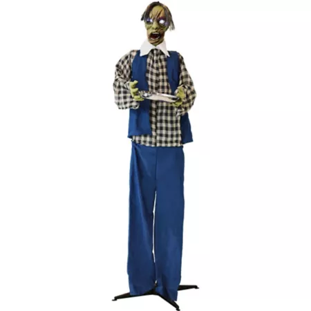 Haunted Hill Farm 6.25 Foot Timmy Zombie Waiter Halloween Decoration LED Purple Eyes Poseable Battery Operated Halloween Animatronics