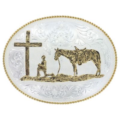 Image showing  Large Engraved Christian Cowboy Western Belt Buckle, Silver/Yellow Gold