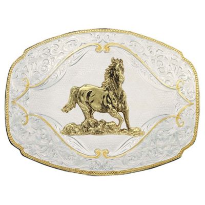 Montana Silversmiths Gold Flourish Gallop Horse Western Belt Buckle, Silver/Yellow Gold