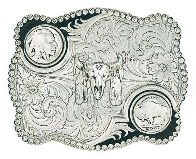 Montana Silversmiths Unisex Adult Buffalo Skull Nickel Flourish Belt Buckle