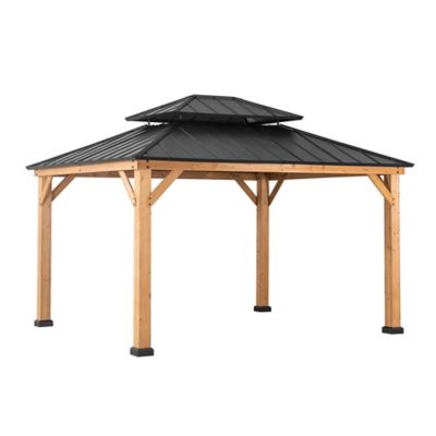 Sunjoy Bridgeport 11 x 13 ft. Outdoor Patio Cedar Framed Gazebo with Black Double Steel Hardtop Roof for Garden, Backyard Shade