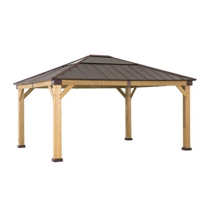 Sunjoy Skye Outdoor Patio 13 ft. x 15 ft. Cedar Framed Gazebo with Brown Steel and Polycarbonate Hip Roof Hardtop