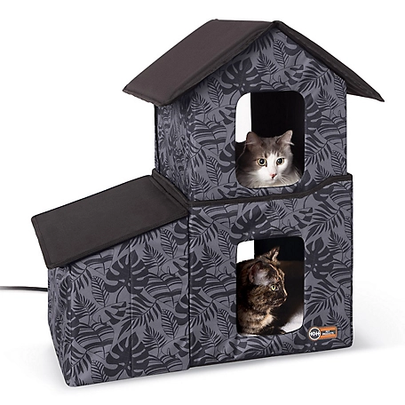 K&H Pet Products Two-Story Outdoor Heated Kitty House with Dining Room, Gray