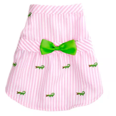 Worthy Dog Adjustable Seersucker Embroidered Alligator Stripe Pet Dress Dog Dresses