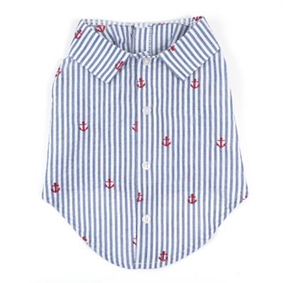 Worthy Dog Embroidered Anchors Stripe Seersucker Button Up Look Pet Shirt