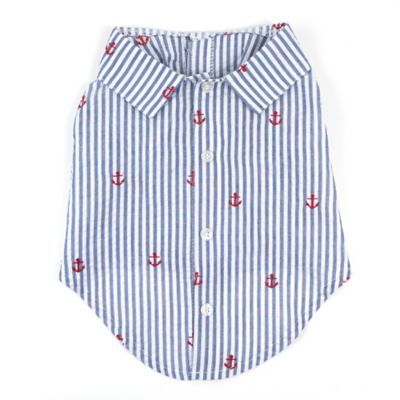 Worthy Dog Embroidered Anchors Stripe Seersucker Button-Up Look Pet Shirt