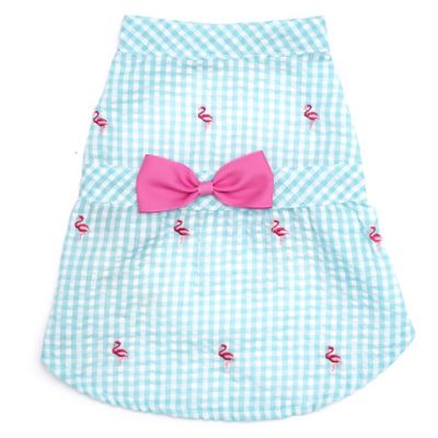 Worthy Dog Embroidered Flamingos Gingham Check Adjustable Pet Dress