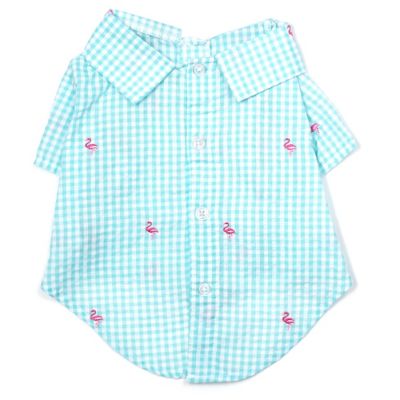 Worthy Dog Embroidered Flamingos Gingham Check Button Up Look Pet Shirt