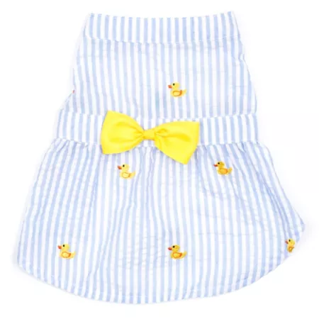 Worthy Dog Adjustable Seersucker Pet Dress Embroidered with Striped Rubber Ducks Dog Dresses