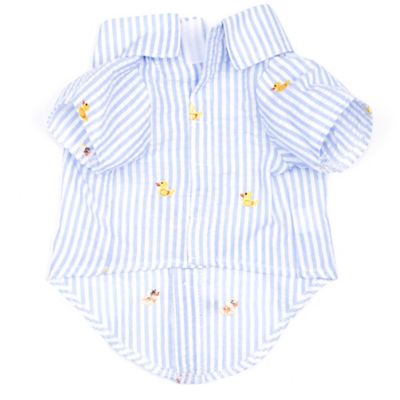 Image showing  Embroidered Rubber Ducks Stripe Seersucker Button-Up Look Pet Shirt