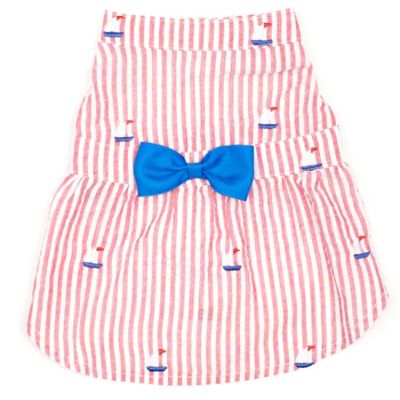 Worthy Dog Embroidered Sailboat Stripe Seersucker Adjustable Pet Dress