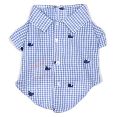 Worthy Dog Embroidered Whales Gingham Check Seersucker Button Up Look Pet Shirt