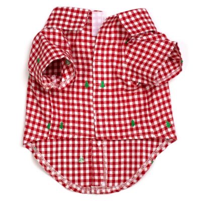 Image showing  Flannel Check Plaid Embroidered Trees Button-Up Look Pet Shirt