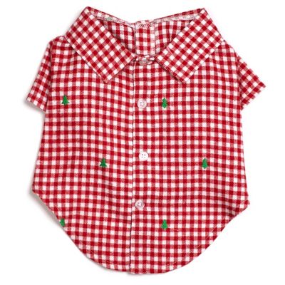 Worthy Dog Flannel Check Plaid Embroidered Trees Button-Up Look Pet Shirt