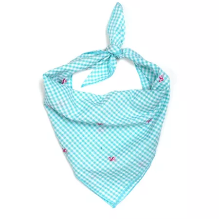 Worthy Dog Classic Square Tie-Up Pet Bandana with Embroidered Flamingos in Gingham Dog Bandanas Ties & Accessories