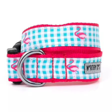 Worthy Dog Adjustable Dog Collar with Gingham Flamingos and Pink Flamingos Dog Basic Collars