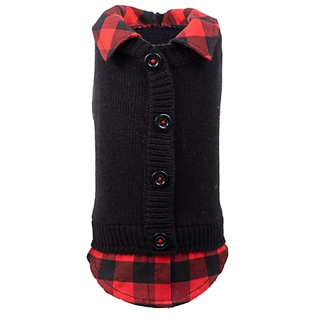 Worthy Dog Plaid Layered-Look Two-Fer Pet Pullover Cardigan Dog Sweater