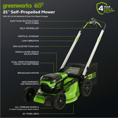 Image showing 8 th Greenworks 21 in. 60V Brushless Cordless Battery Walk-Behind Self-Propelled Push Lawn Mower, (2) 4.0Ah Battery & Charger