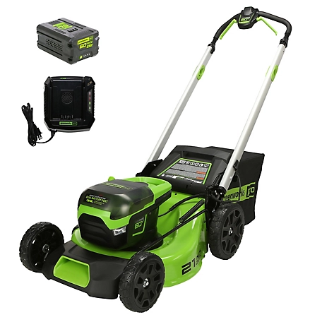 Greenworks 60V 21-in. Brushless Cordless Battery Walk Behind Push Lawn Mower, 5.0Ah Battery & Charger