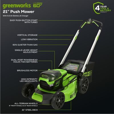 Image showing 8 th Greenworks 21 in. 60V Brushless Cordless Battery Walk Behind Push Lawn Mower, 5.0Ah Battery & Charger