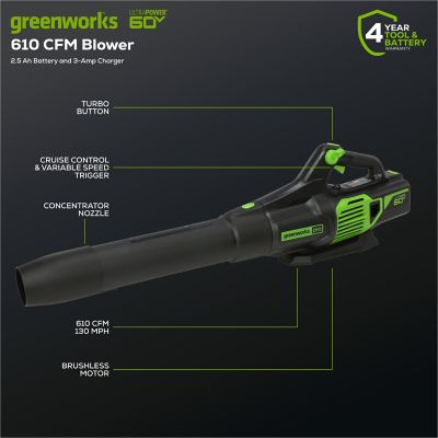 Image showing 8 th Greenworks 130 MPH/610 CFM 60V Cordless Handheld Leaf Blower, Battery and Charger Included