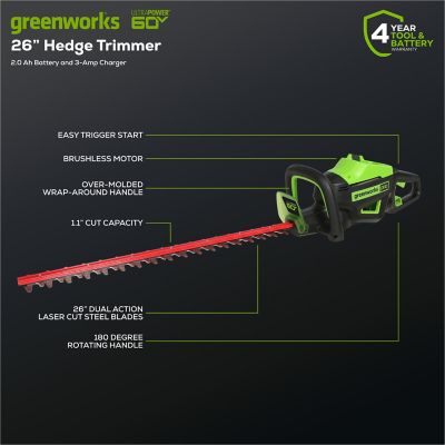 Image showing 8 th Greenworks 26 in. 60V Cordless Hedge Trimmer, Battery and Charger Included