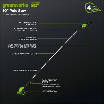 Image showing 8 th Greenworks 10 in. 60V Cordless Battery Pole Saw, Battery and Charger Included