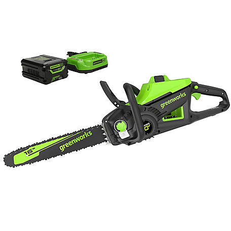 Greenworks 60V 16 in. Cordless Lithium Brushless Chainsaw 2.5 Ah Battery & Charger, 42cc 2kW Gas Chainsaw Equivalent, 2019202