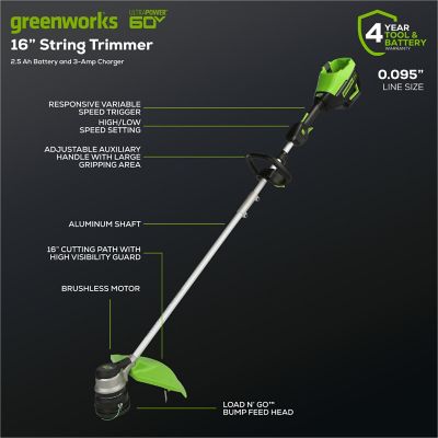 Image showing 8 th Greenworks 16 in. 60V Straight Shaft Cordless String Trimmer, Battery and Charger Included