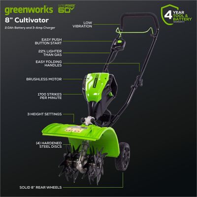 Image showing 8 th Greenworks 8 in. 4-Tine 60V Cordless Brushless Cultivator, Battery and Charger Included