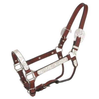 Tough-1 Leather Full Silver Bright Cut Edge Horse Halter