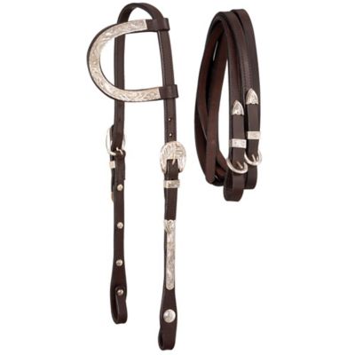 Tough-1 Single Ear Headstall with Silver Accents and Matching Reins, 18-32