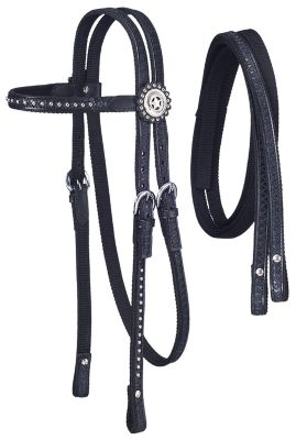 Tough1 Nylon Headstall with Leather Overlay and Silver Dots with Reins