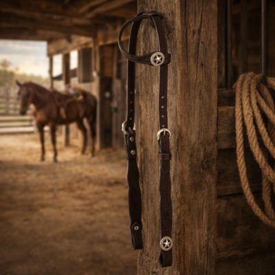 Image showing  Single Ear Basket Stamped Headstall with Square Cheeks